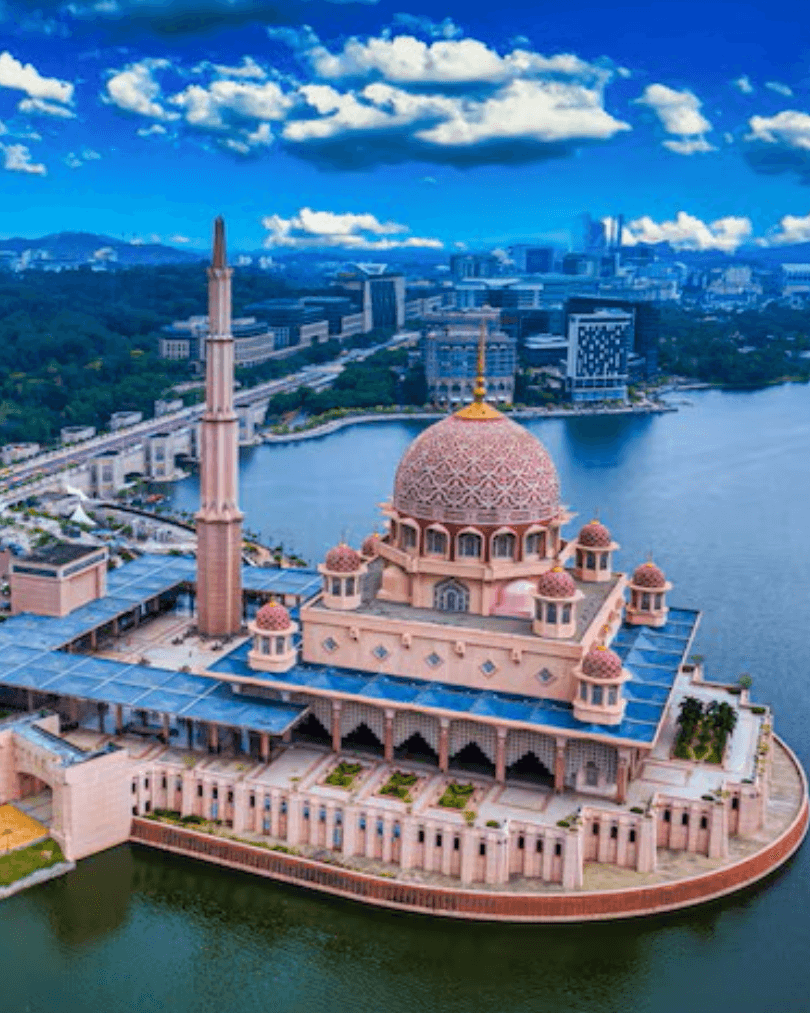 Aerial view of Putra Mosque beside the lake in Putrajaya