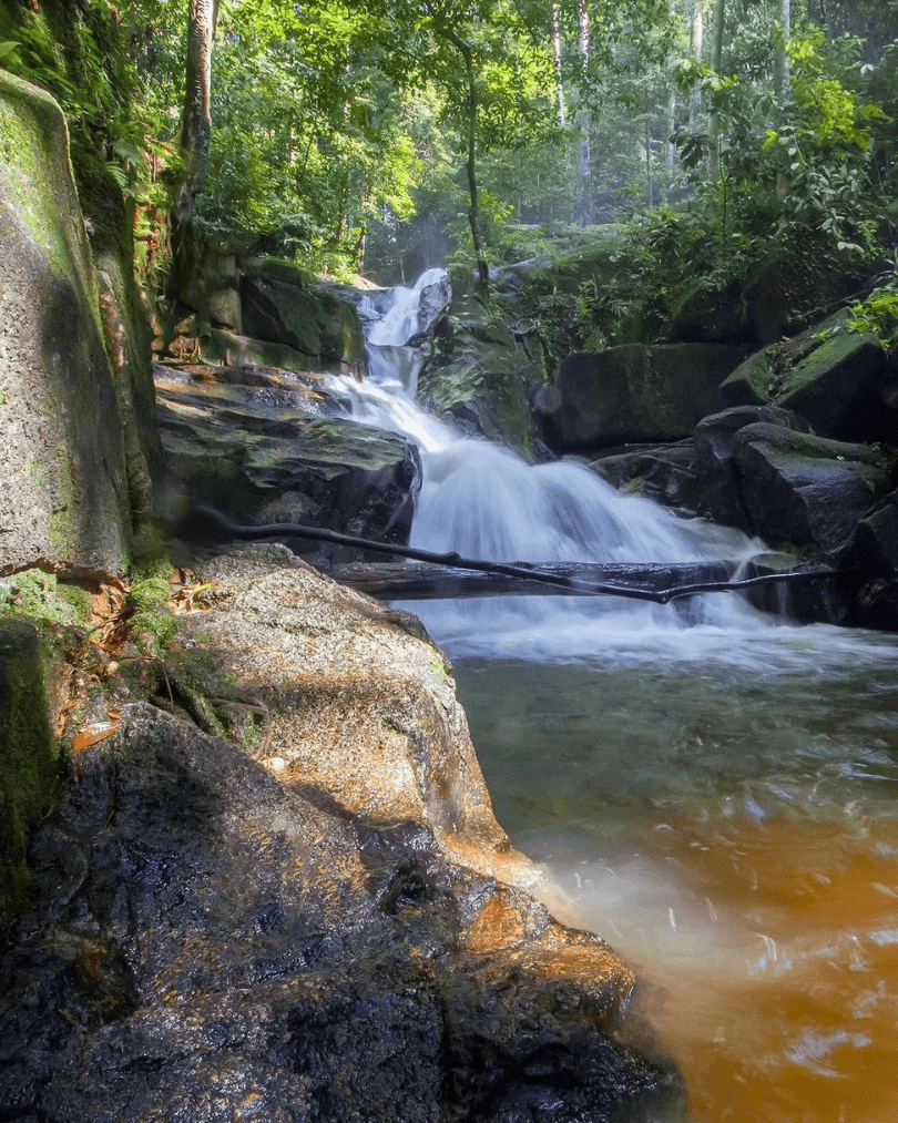 Rainforest waterfall flowing through rocks in Malaysia