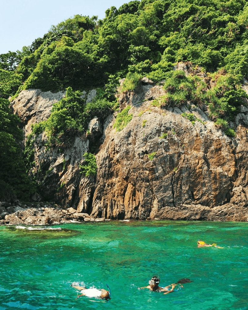 Snorkellers swimming near a rocky tropical coast