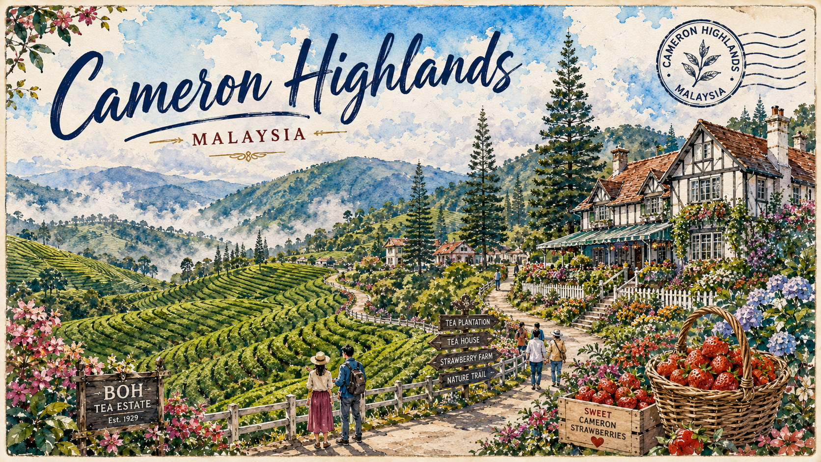 Watercolour travel illustration of Cameron Highlands Malaysia