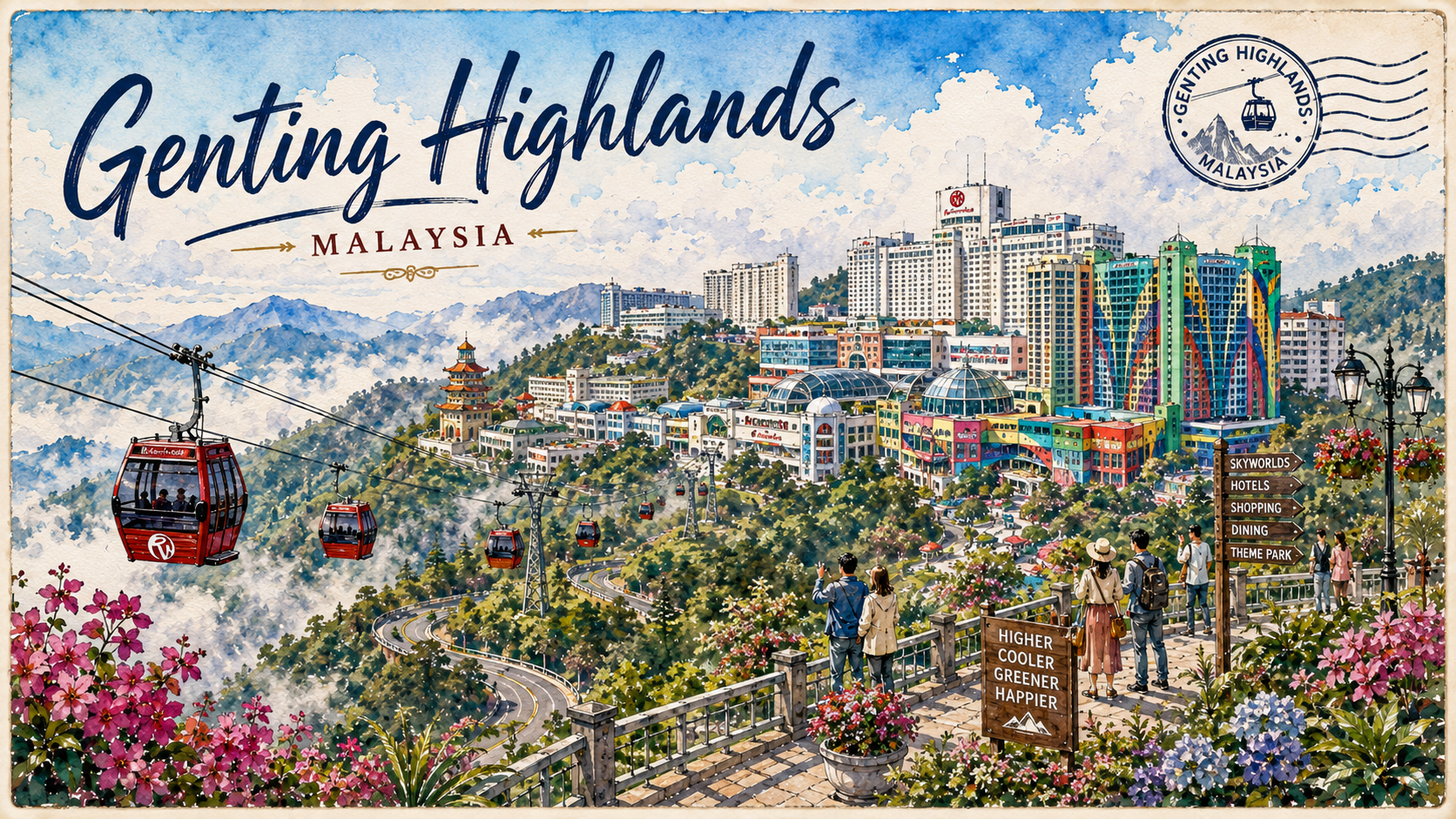 Watercolour travel illustration of Genting Highlands Malaysia
