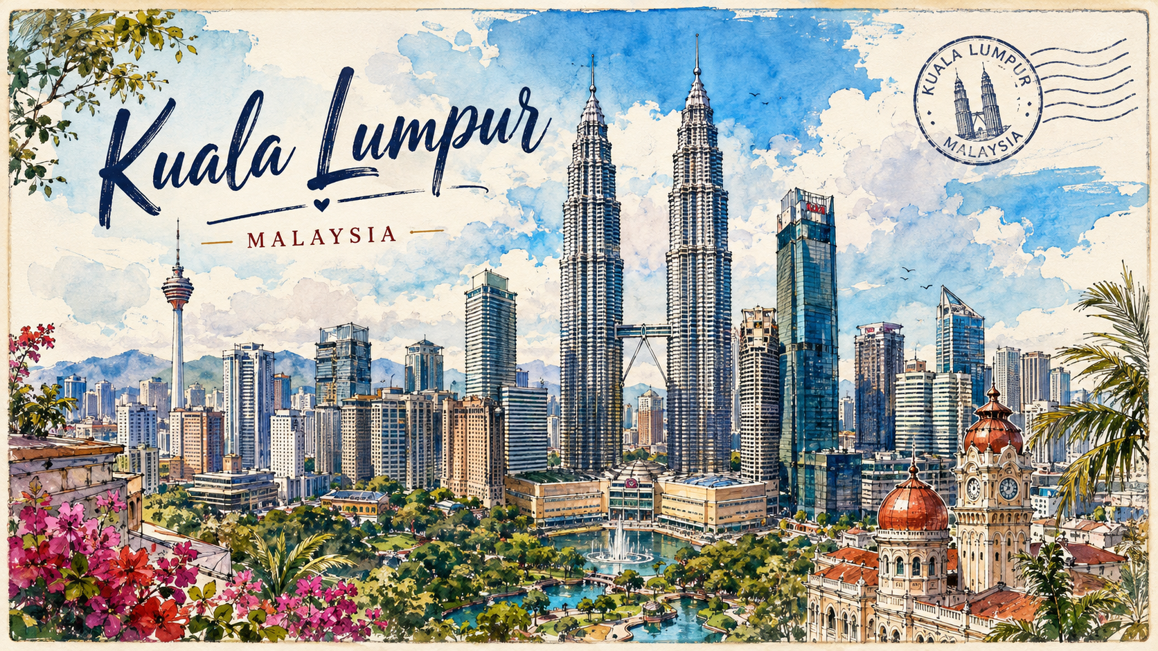 Watercolour travel illustration of Kuala Lumpur Malaysia
