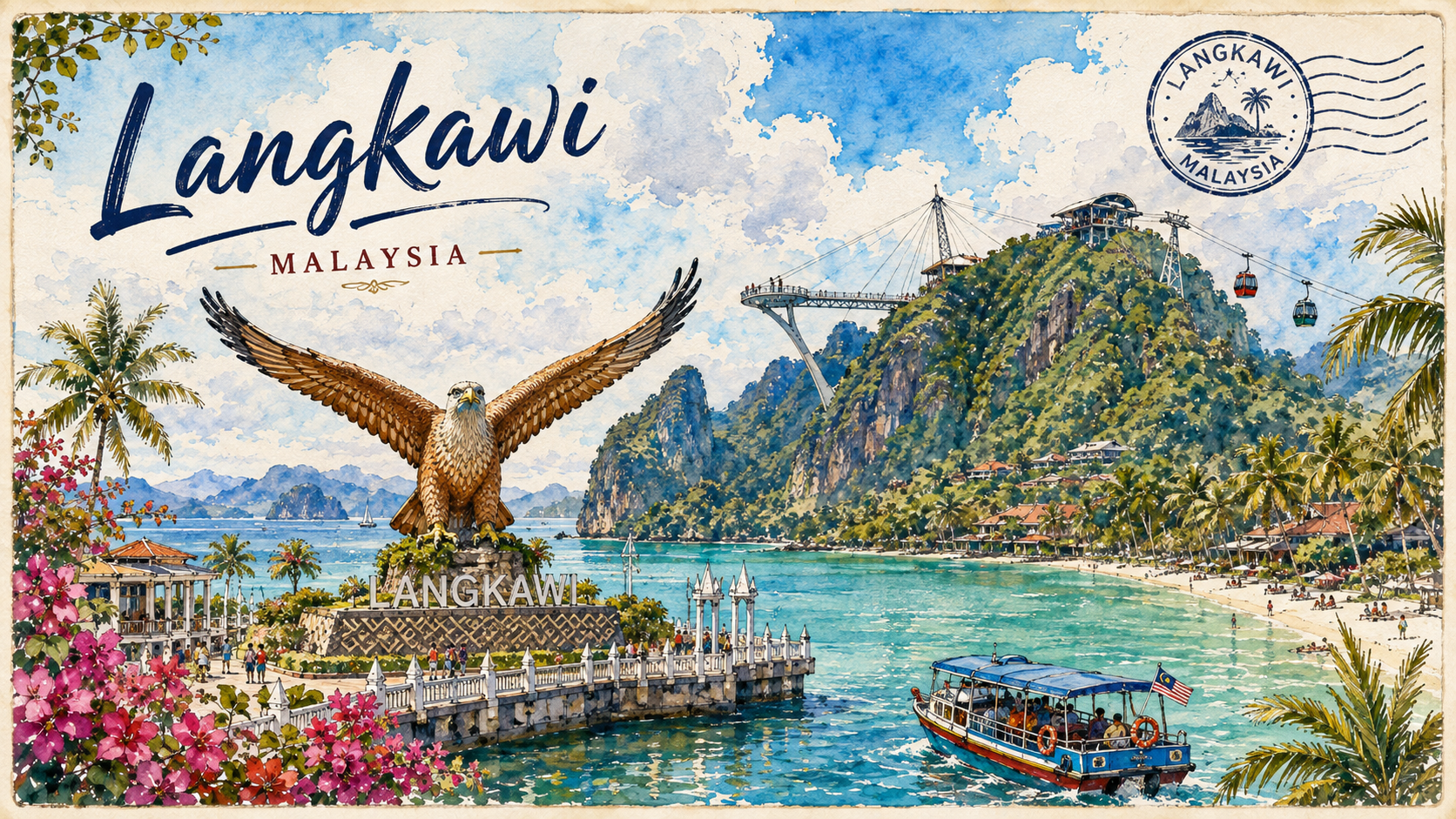 Watercolour travel illustration of Langkawi Malaysia