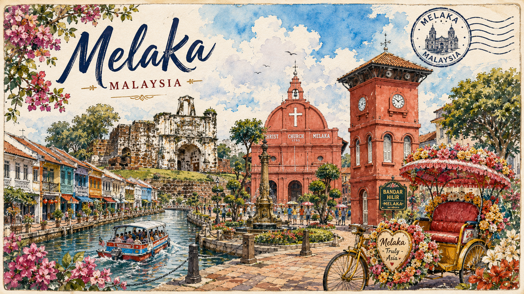 Watercolour travel illustration of Melaka Malaysia