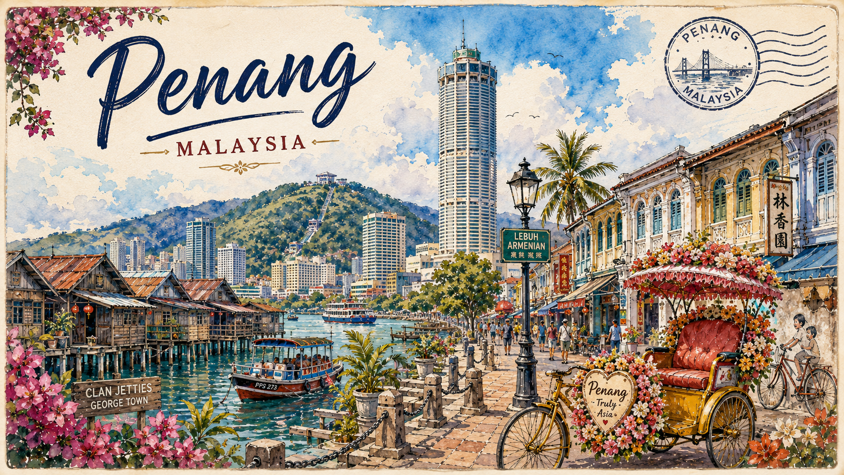 Watercolour travel illustration of Penang Malaysia