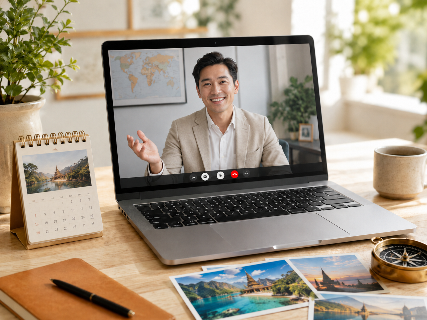 Traveller discussing a trip planning call with a travel consultant by video